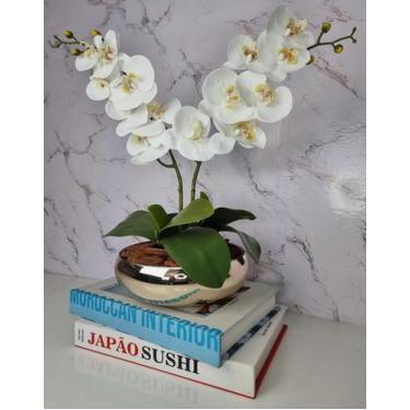 Imagem de Arranjo Com 2 Orquídeas Branca Vaso Dourado 22cm - FLORESCER DECOR