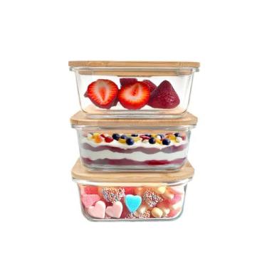 Imagem de kit 3 potes de vidro 740ml com tampa de bambu hermético marmita quadra