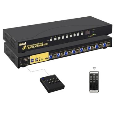 Imagem de JideTech Switch Hdmi Kvm de Montagem Em Rack Usb 3.0 de 8 Portas 4K A 60 Hz com Áudio, Hub e Cabos Usb 3.0 de 2 Unidades, Switch Hdmi Kvm de 8 Em 1 Saída Suporte Hdcp, Edid, Comutação de Mouse com Tec