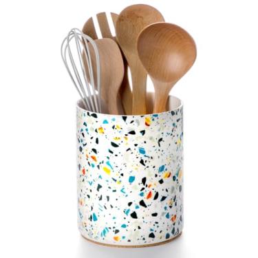 Imagem de Nucookery porta-utensílios, porta-utensílios de cozinha de cerâmica de 6,4 "para bancada com fundo de cortiça de proteção, decoração de cozinha de fazenda vintage para balcão, presente de na