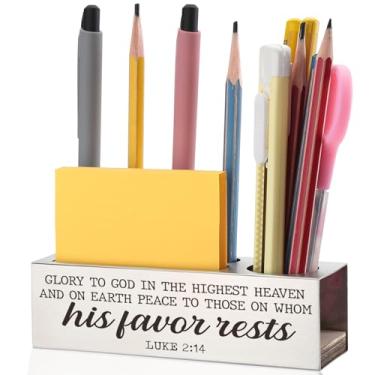 Imagem de EFFJNSG Suporte para caneta e lápis em versículo bíblico de Lucas 2:14, acessório de mesa das escrituras Glória a Deus, presentes espirituais cristãos, agradecimento, agradecimento, decoração de