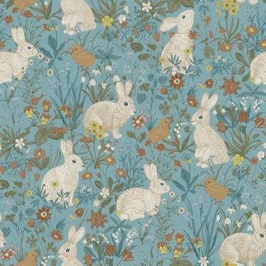 Imagem de VEELIKE Papel de parede botânico Blue Meadows Bunny Peel and Stick Rabbit para berçário crianças quarto removível papel de parede floral pré-colado 43 cm x 900 cm papel de contato azul autoadesivo