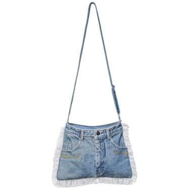 Imagem de Bolsa tiracolo plana trapézio média jeans azul Upcycled com acabamento em franja estilo vintage bolsa jeans com alça ajustável (estilo 5), Azul