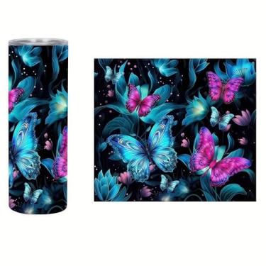 Imagem de Blue & Pink Butterfly Dreamland UV DTF Cup Wraps Winter UV DTF Transfer Adesivo à prova d'água para copos de vidro, móveis, artesanato, faça você mesmo, adesivos de transferência para garrafa de água