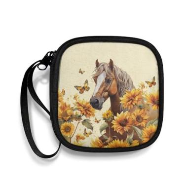 Imagem de Pzuqiu Capa organizadora quadrada para fone de ouvido com cavalo girassol para armazenamento de cabo USB, capa de fone de ouvido Bluetooth portátil com alça para adolescentes e adultos