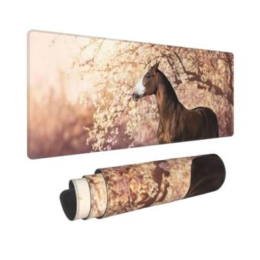Imagem de Mouse pad para jogos 80 x 29 cm rosa mesa completa cavalo japonês Sakura mousepad estendido grande base de borracha antiderrapante grande tapete de teclado com bordas costuradas para jogos e