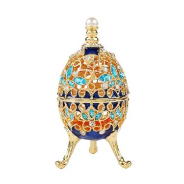 Imagem de FASSLION Faberge Caixa de bugigangas de ovo com dobradiça esmaltada, decorada à mão com strass, presente para decoração de casa, incensário vintage vazado de metal (azul)