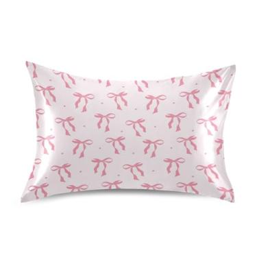 Imagem de KEEPREAL Fronha de cetim com laço de fita rosa para cabelo e pele fronha de seda - Capas de almofada de cetim com fecho de envelope, 50 x 76 cm