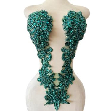 Imagem de Apliques e remendos feitos à mão com cristais e strass costurados em renda, acessórios de costura para casamento, formatura, noite, artesanato, faça você mesmo, vestidos decorativos, 15 x 53 cm (verde