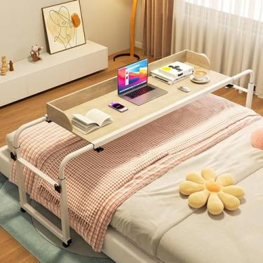 Imagem de Mesa de cama com rodas, altura ajustável de 65 a 95 cm, mesa de computador, mesa de trabalho, bandeja de alimentos, mesa médica com rodinhas para cama de solteiro/casal/queen/king size