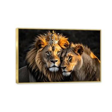Imagem de SDYJ6GSW Leão e Leoa com coroa dourada quadro romântico casal arte pintura para quarto decoração de casa moderna pronto para pendurar moldura dourada 60 x 40 cm (24 x 16 pol)