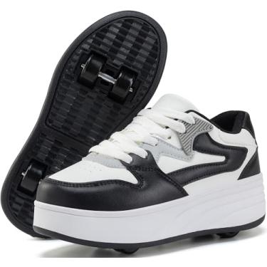 Imagem de ANEFUN Tênis para meninos e meninas com rodas destacáveis, Branco, preto, 3.5 Big Kid