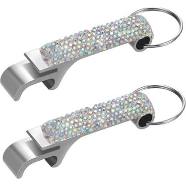Imagem de 2 peças chaveiro diamante brilhante abridor de garrafa de cerveja - bolso portátil tamanho pequeno chaveiro abridor de lata para celebração, viagem acampamento festa e utensílios de cozinha em casa