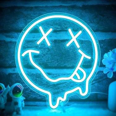 Imagem de Luz neon sorridente, sinal de luz neon sorridente, decoração de parede, sinal de néon rosa, letreiro de LED regulável para quarto, parede, quarto, bar, decoração (azul gelo)