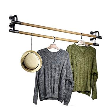 Imagem de CUTPOIY 2 varetas de madeira de trilho para roupas de parede resistentes, varão de roupas montado na parede estilo industrial, suporte de exibição de roupas comerciais, suporte de ferro de 4 bases