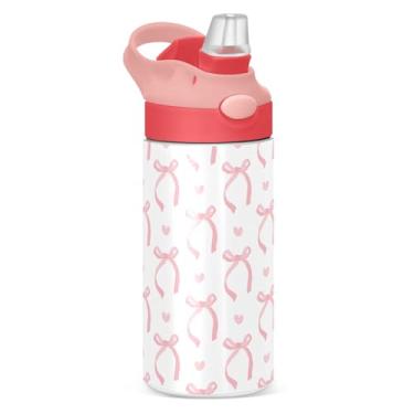Imagem de Garrafa de água infantil de fita rosa com canudo e alça de transporte, gravata borboleta branca, fofa, isolada a vácuo, garrafas de aço inoxidável à prova de vazamento para meninos e meninas, tampa