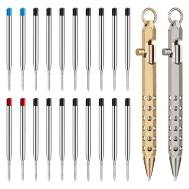 Imagem de Origin-Joy Conjunto de 2 canetas Bolt Action, canetas táticas de bolso EDC de latão sólido de seis bordas com 20 refis esferográficas (latão natural e cinza níquel)