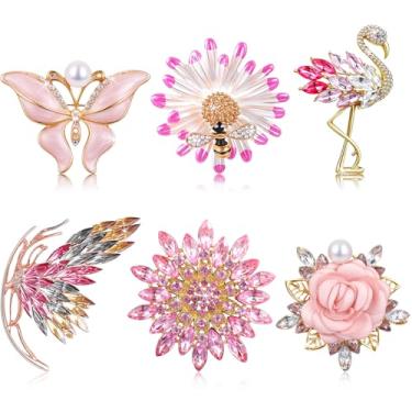 Imagem de Hoteam 6 peças broche de flor e borboleta alfinetes de lapela strass flamingo broches de cristal elegantes broches de cristal para mulheres professoras presente dia das mães casamento vestido de noiva