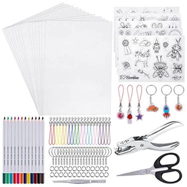 Imagem de shynek Folhas termorretráteis, kit de folhas de plástico termorretrátil, incluindo 20 peças de papel retrátil, perfurador de furo, lápis, chaveiros, lápis, pinças, tesouras para artesanato e chaveiros