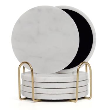 Imagem de YONGHEE Conjunto de 6 porta-copos de mármore branco cinza com suporte, porta-copos de pedra italiana para decoração de mesa de café, porta-copos modernos de veludo para proteção de superfície de