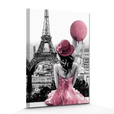 Imagem de DOARTDO Arte de parede para meninas da moda Paris impressão em tela Torre Eiffel com fotos femininas Paris Street View pintura impressão quarto quarto escritório moldura (30,5 cm x 45,7 cm)