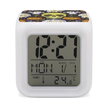 Imagem de RTFGHJS Despertador amarelo crânio colorido despertador pequeno visor LED despertador digital relógio compacto relógio eletrônico para quartos cabeceira mesa prateleira tamanho único