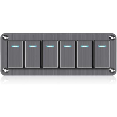 Imagem de Painel de interruptor de alternância à prova d'água 6 portas de alumínio painel de interruptor basculante 12V/24V liga/desliga painel de interruptor de 3 pinos luz LED azul pré-com fio para barco marítimo, automotivo, carro, trailer, caminhão, Jeeps, veículos UTV