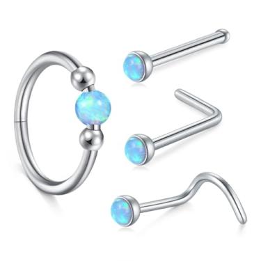 Imagem de TOKRING Piercing de nariz feminino 18 G opala 20 g aço inoxidável hipoalergênico septo piercing de narina joias 4 peças, Metal