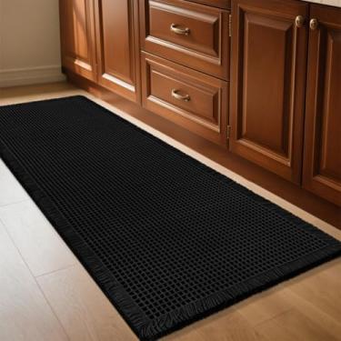 Imagem de IM HOME Tapete de banheiro waffle preto 1,2 m x 5 cm, tapetes modernos de tecido boêmio, tapetes de banheiro absorventes antiderrapantes, tapetes de banho macios laváveis com borlas para banheiro