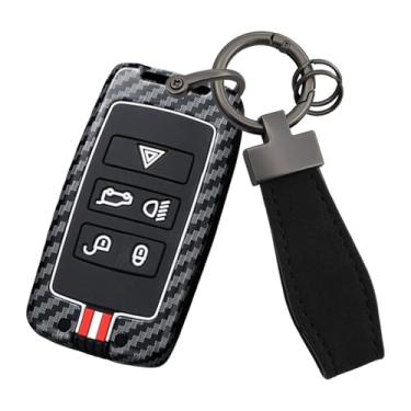 Imagem de HIBEYO Capa de chaveiro de carro adequada para Range Rover Evoque Velar Discovery LR4 Land Rover Sport Explore Capa de chave de metal e silicone que brilha no escuro - Chaveiro C (linhas vermelhas e