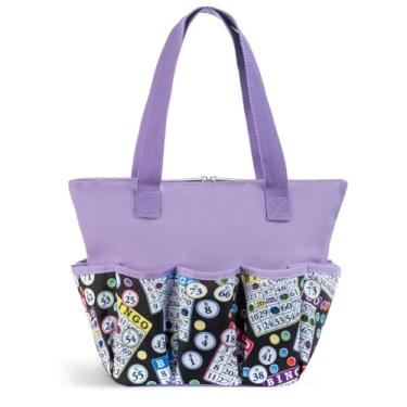 Imagem de Bolsa clássica com estampa preta de bingo com 10 bolsos para daubers e acessórios – bolsa preta portátil com zíper para amantes e jogadores – adultos e idosos (roxa)