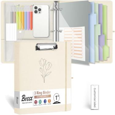 Imagem de Organizador de fichário de linho com 3 anéis de 2,5 cm, fichários BVSSX com prancheta, pasta de plástico, divisórias de bolso de 5 abas com etiquetas adesivas, alça para caneta, alça elástica (bege