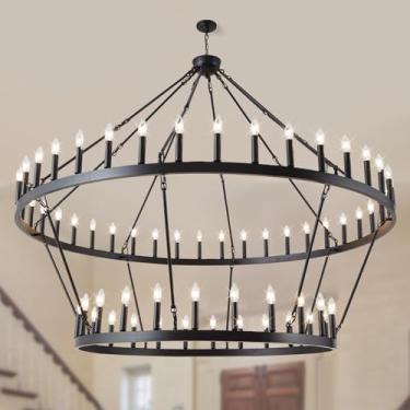 Imagem de VBKK Lustre De Roda De Carroça Farmhouse 2 Níveis 64 Luzes 70 Polegadas, Lustre Industrial Preto Luminária Pendente De Vela Rústica Extra Grande Para Tetos Altos, Sala De Jantar, Sala De Estar, Hall