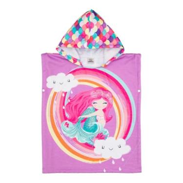 Imagem de Roupão Poncho Toalha Praia Piscina Infantil C/Capuz Natação (Sereia Lilás F137, Único (4 á 12 anos))