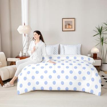 Imagem de Manfei Conjunto de cama queen com estampa de bolinhas azuis, círculos geométricos, roxo e branco, arte simples, desenho animado de bolinhas francesas, 7 peças (edredom + elástico + lençol de cima +