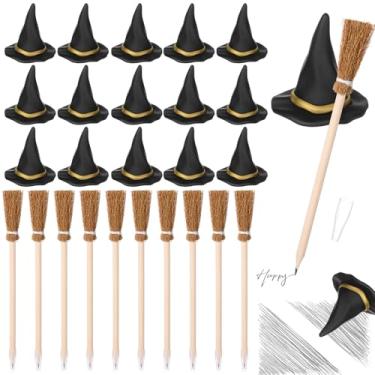 Imagem de Fuyoooo 24 Pcs Mini Witch Hat Broom Pencils Erasers Set with 12 3D Small Witch Hat Eraser 12 Broomstick Pencils for Halloween Party Favors Gifts Decoration Kids Adults Classroom Reward School Supplies