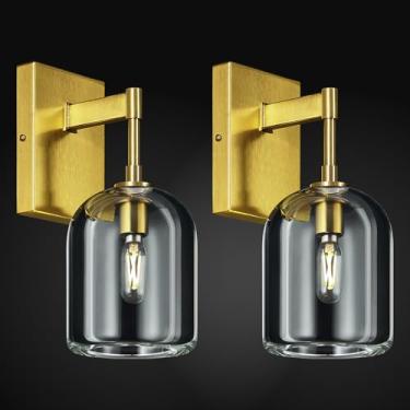 Imagem de LBSQJ Arandelas de parede de cristal modernas conjunto de duas lâmpadas de parede douradas internas iluminação de parede para banheiro quarto sala de estar escada (pacote com 2)