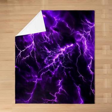 Imagem de Cobertor de flanela infantil Lightning, cobertor de cama com vista natural roxo para meninas e meninos, cobertor felpudo moderno abstrato preto moderno, tamanho Queen (224 x 224 cm)