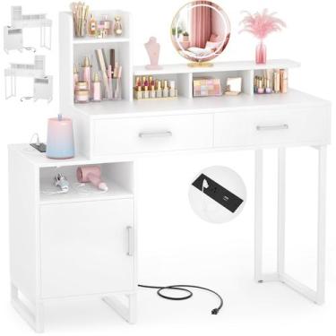 Imagem de Vanity Desk Besiost Small com tomada elétrica branca com armazenamento