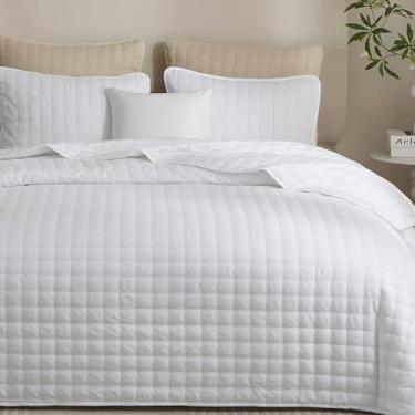 Imagem de Powdion Colcha branca, tamanho queen, leve, macia, colcha de fazenda acolchoada com fronhas, conjunto de edredom fino boêmio para todas as estações, 3 peças, 90 x 96