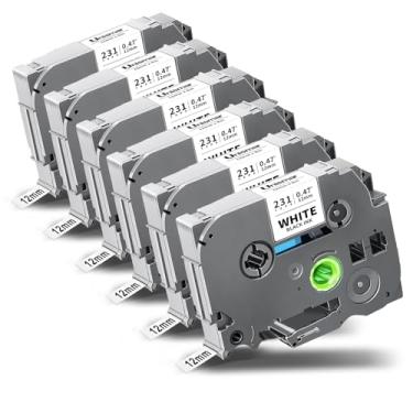 Imagem de Unismar Pacote com 6 fitas TZe-231 TZ 12 mm 1,2 cm branco laminado compatível com fita de etiqueta Brother P Touch TZe-231 TZe231 Recargas para Ptouch PT-D220 D210 D400 H100 PTD220 Fita de etiqueta