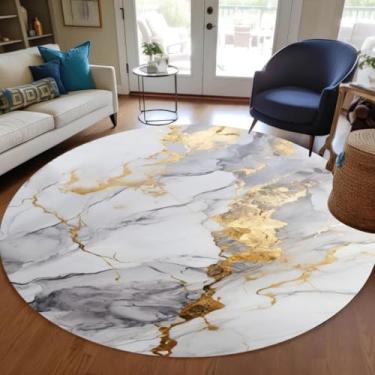 Imagem de Tapete de lã circular artístico déco de luxo 1,8 m cinza dourado mármore abstrato moderno tapete redondo para sala de estar, quarto, sala de jantar, macio, lavável à máquina, casa, escritório, sala de