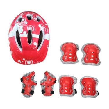 Imagem de rockible Conjunto de 7 capacetes de bicicleta para crianças, joelheiras, cotoveleiras, equipamentos de proteção para pulso, capacete de ciclismo com rolo, para, Vermelho