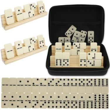 Imagem de XYTZHSAI Conjunto de dominó duplo 6 para adultos com 4 suportes de madeira e estojo de transporte, jogo de dominó Claasic com estojo de EVA, conjunto de dominó portátil para jogos em família, noite de