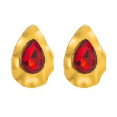 Imagem de Brinco Festa Feminino Madrinha Vermelho Dourado Zircônia Médio Luxo Gota Orgânico Efeito Martelado Amssado - Brinco Casamento Evento Presente Pedra Clássico - Presente Datas Especiais Namorada Mãe Elegante Brilho
