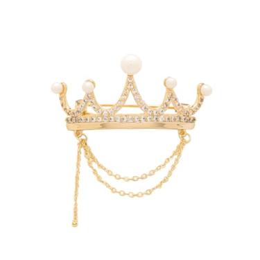 Imagem de Broche de coroa de pérolas de strass para mulheres banhado a ouro moda pérolas de cristal coroa da rainha corrente pendurada broches de lapela alfinetes de lapela xaile cachecol acessórios de vestido
