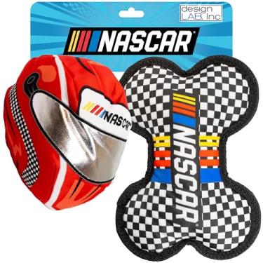 Imagem de design LAB, Inc. Produto oficial NASCAR | Conjunto de brinquedos para cães com capacete de carro de corrida balístico e osso com logotipo | Brinquedos interativos para mastigar para cães com bola
