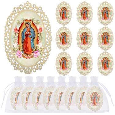 Imagem de Quelay 12 molduras de madeira Nossa Senhora de Guadalupe com sacos de presente de organza estilo oval, lembrancinhas de batismo para convidados presentes católicos