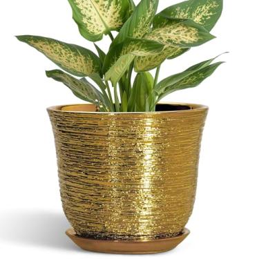 Imagem de SUNPOTFOR Vaso de plantas de 14 cm – Vaso de cerâmica para ambientes internos e externos, vaso redondo para orquídeas suculentas com orifício de drenagem e pires de plantas, vasos decorativos modernos