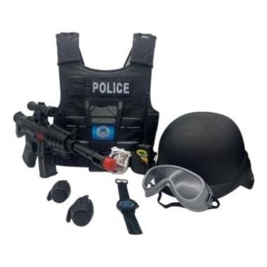 Imagem de Brinquedo Kit Policial Infantil Colete Rifle Acessórios Preto Fantasia Ação Menino Segurança Diversão Completo Combate